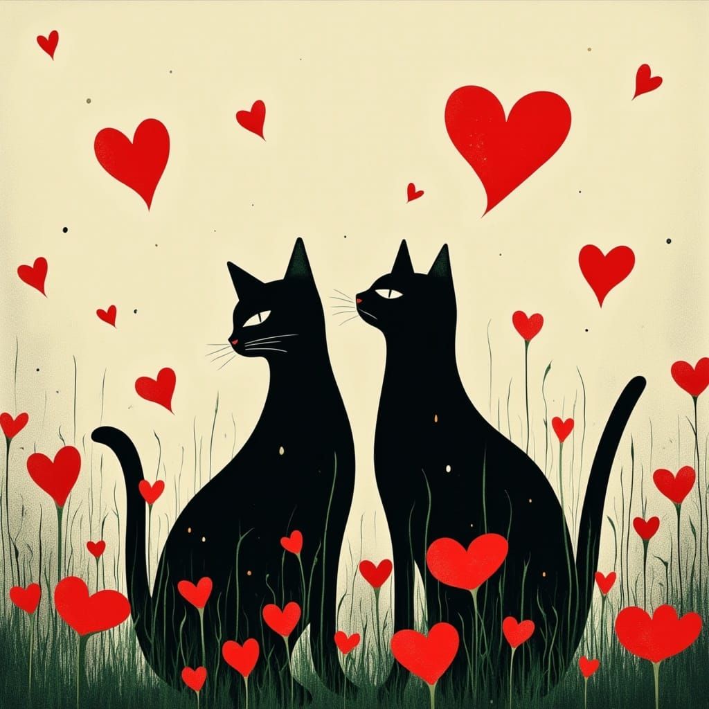 Abstract Minimalist Cats Among Flowers with Hearts