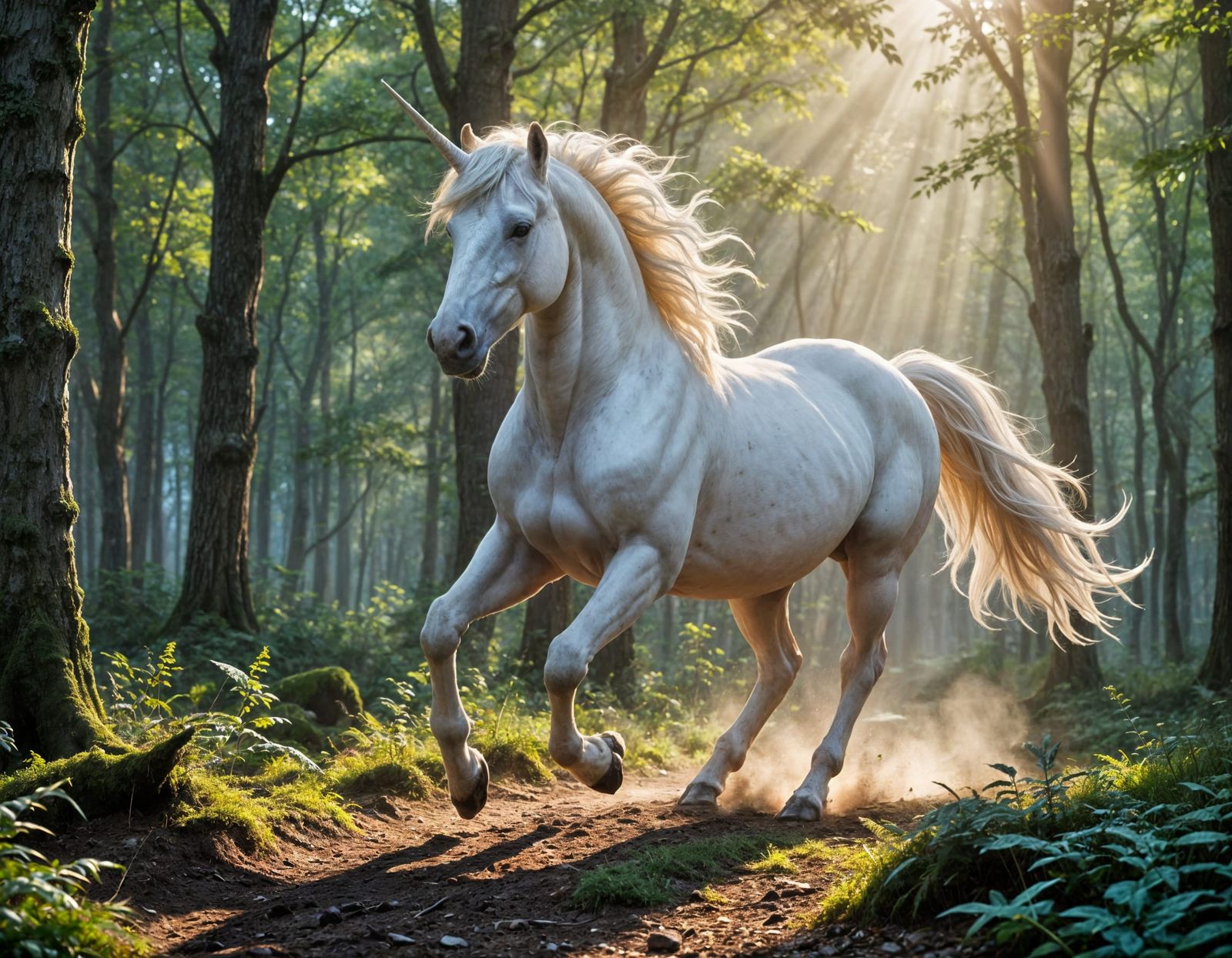 Majestic White Unicorn in Sunlit Forest