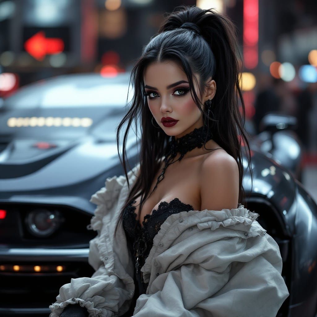 Futuristic Model at Car Show in Dark Fantasy Realism