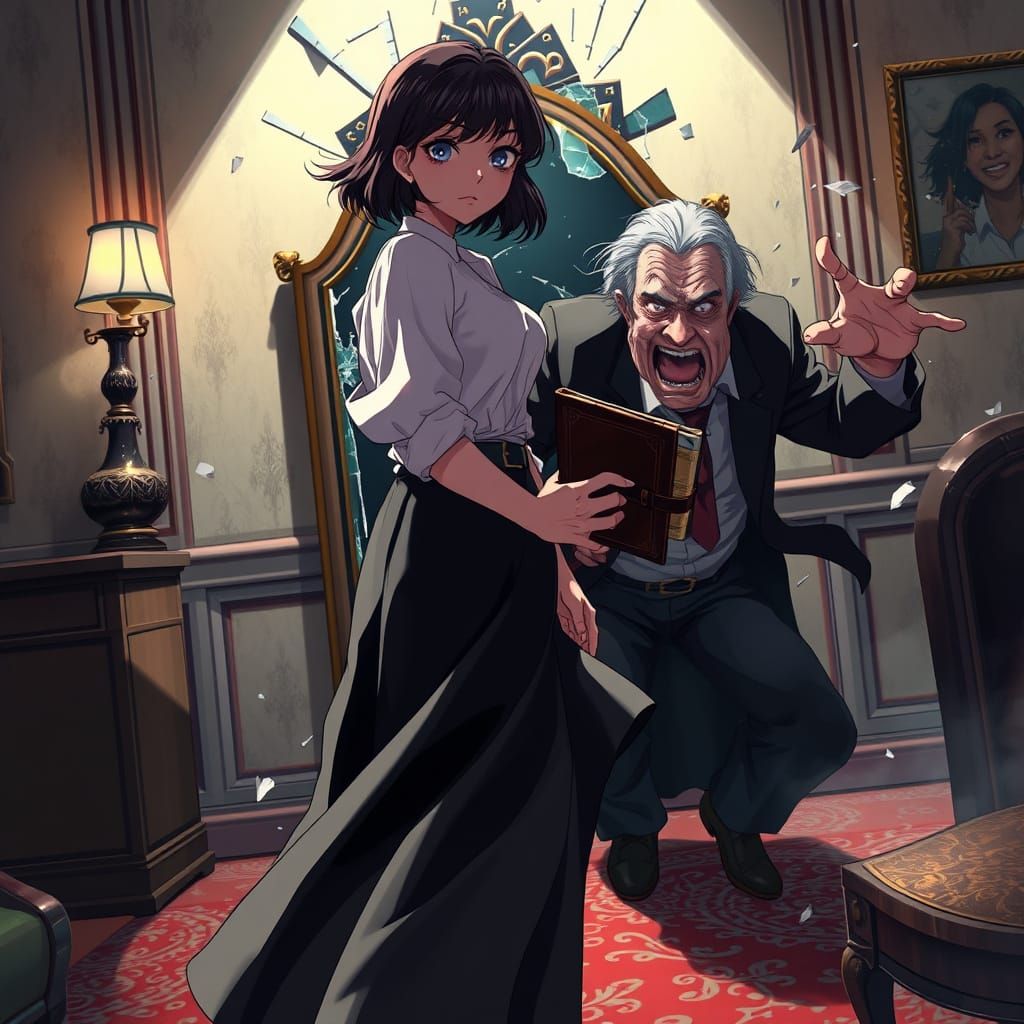 Concerned Woman with Shattered Mirror, in Anime Style