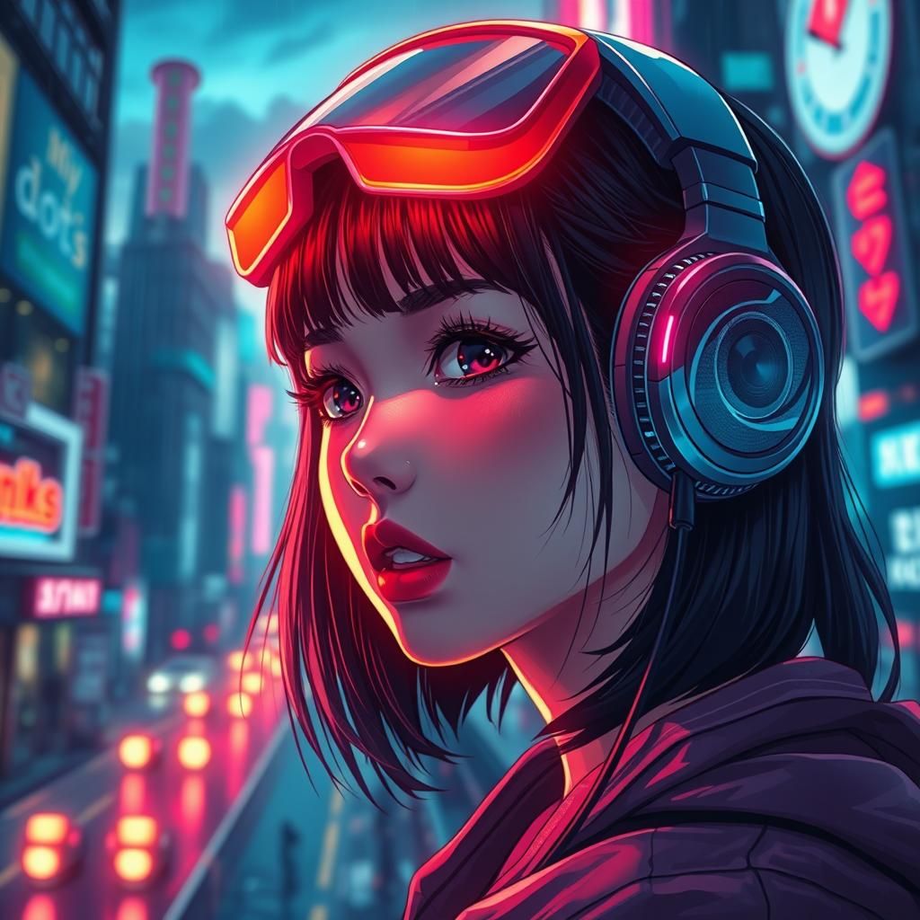 Cyberpunk Girl in Neon Cityscape: Anime Style