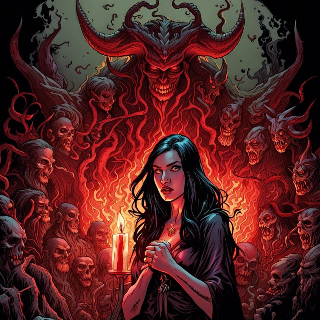 Hell Demons Worship Satanic Witch in Comic Book Style