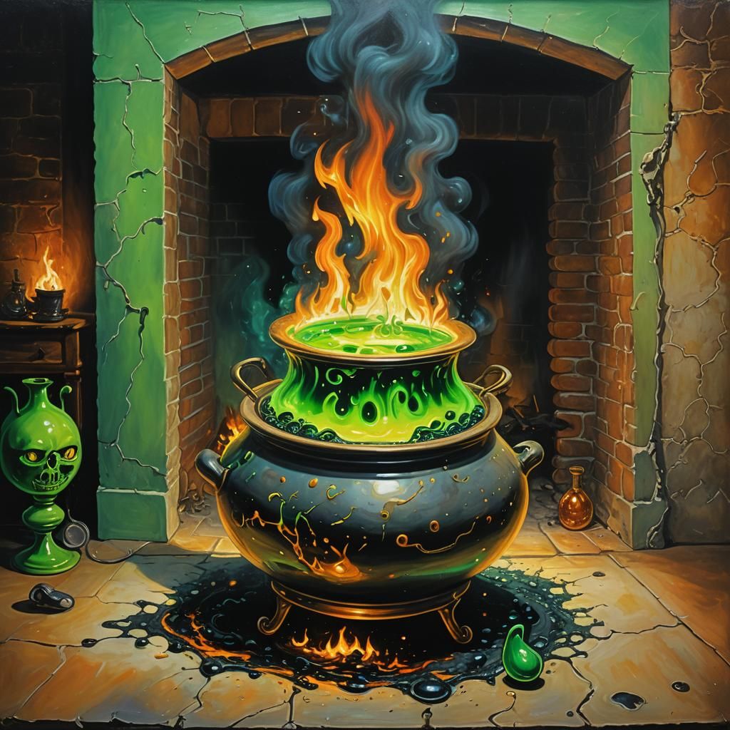 Surreal Haunted Pot Burns with Bubbling Potion