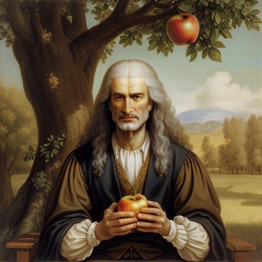 Newton Under Apple Tree: Baroque Oil Painting