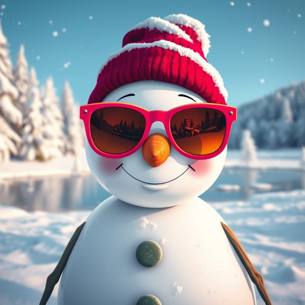 Snowman in Whimsical Winter Wonderland with Oversized Sungla...