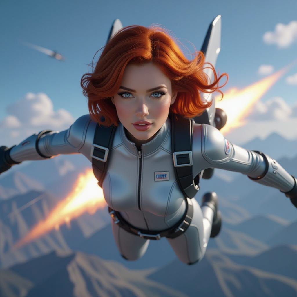 Woman with Jetpack Blasting Off, Detailed Matte Painting