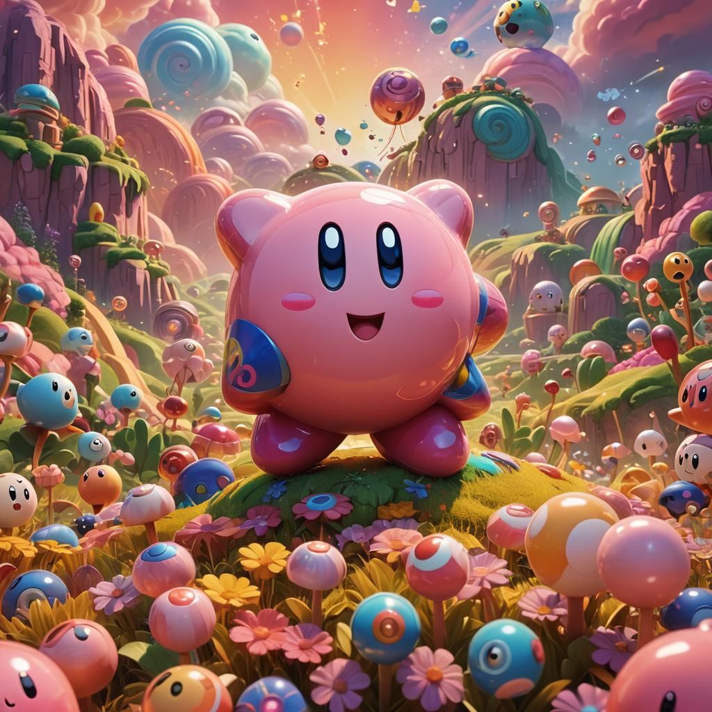 Happy Kirby in Fantastical Landscape: Pixar-Inspired 3D Art
