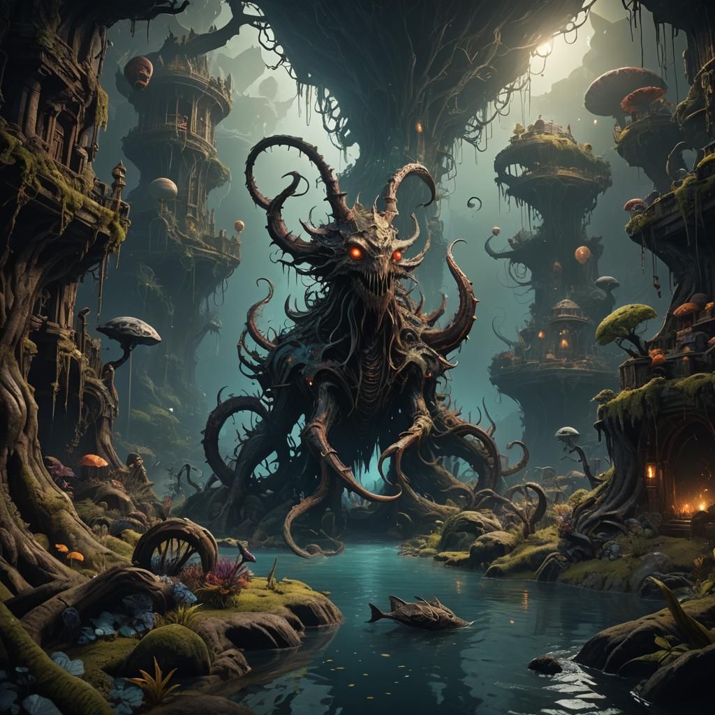 Eerie Creatures in Unknown Depths: Detailed Matte Painting