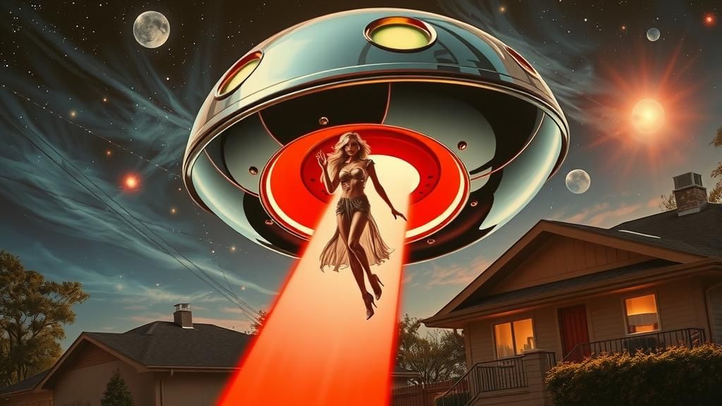 Chrome Smiley Face UFO Abduction in Cyberpunk Style