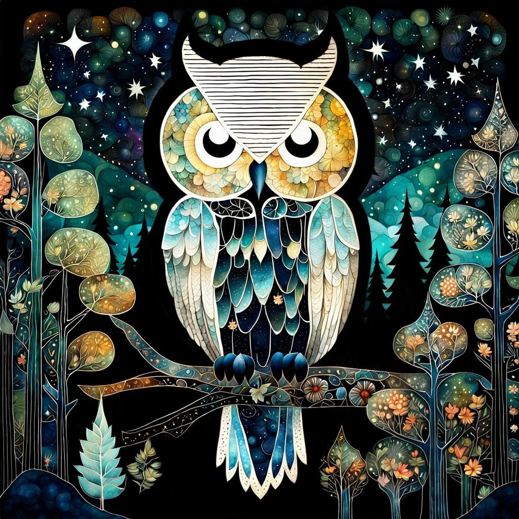 Night Owl Over Forest in Whimsical Folk Art Style