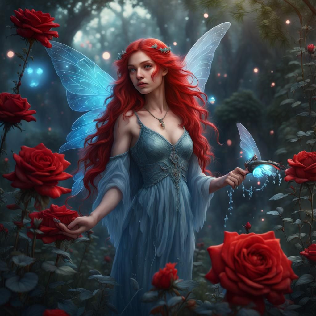 Fairy Watering Blue Roses in Dreamy Garden