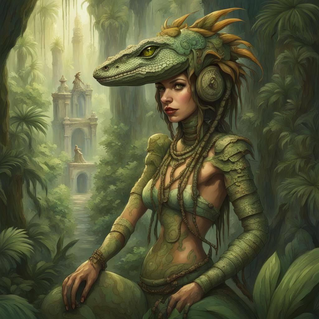 Lizard Woman Explorer in Ancient Jungle Ruins