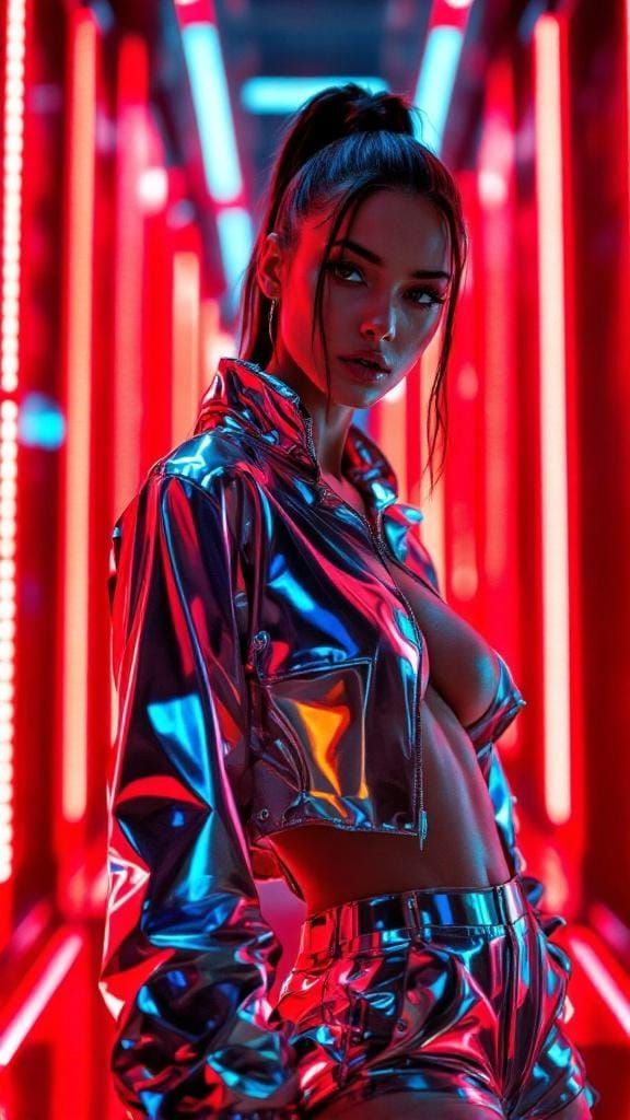 Woman in Chrome Jacket, Futuristic Sci-Fi Portrait