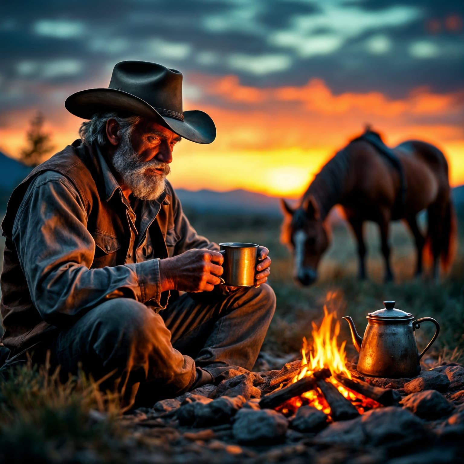 Cowboy Campfire Coffee at Sunset: Hyperrealistic Art