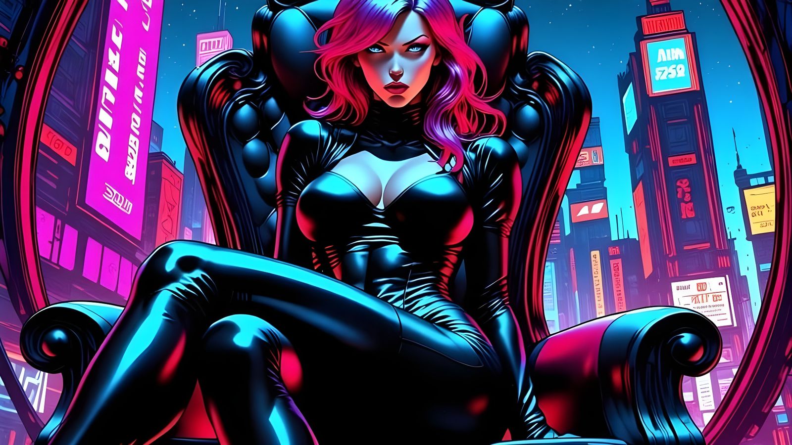 Cyberpunk Queen on Throne in Futuristic Penthouse