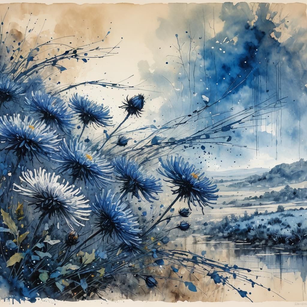 Blue Asters Bend in Wind, Ink Splash Art Masterpiece