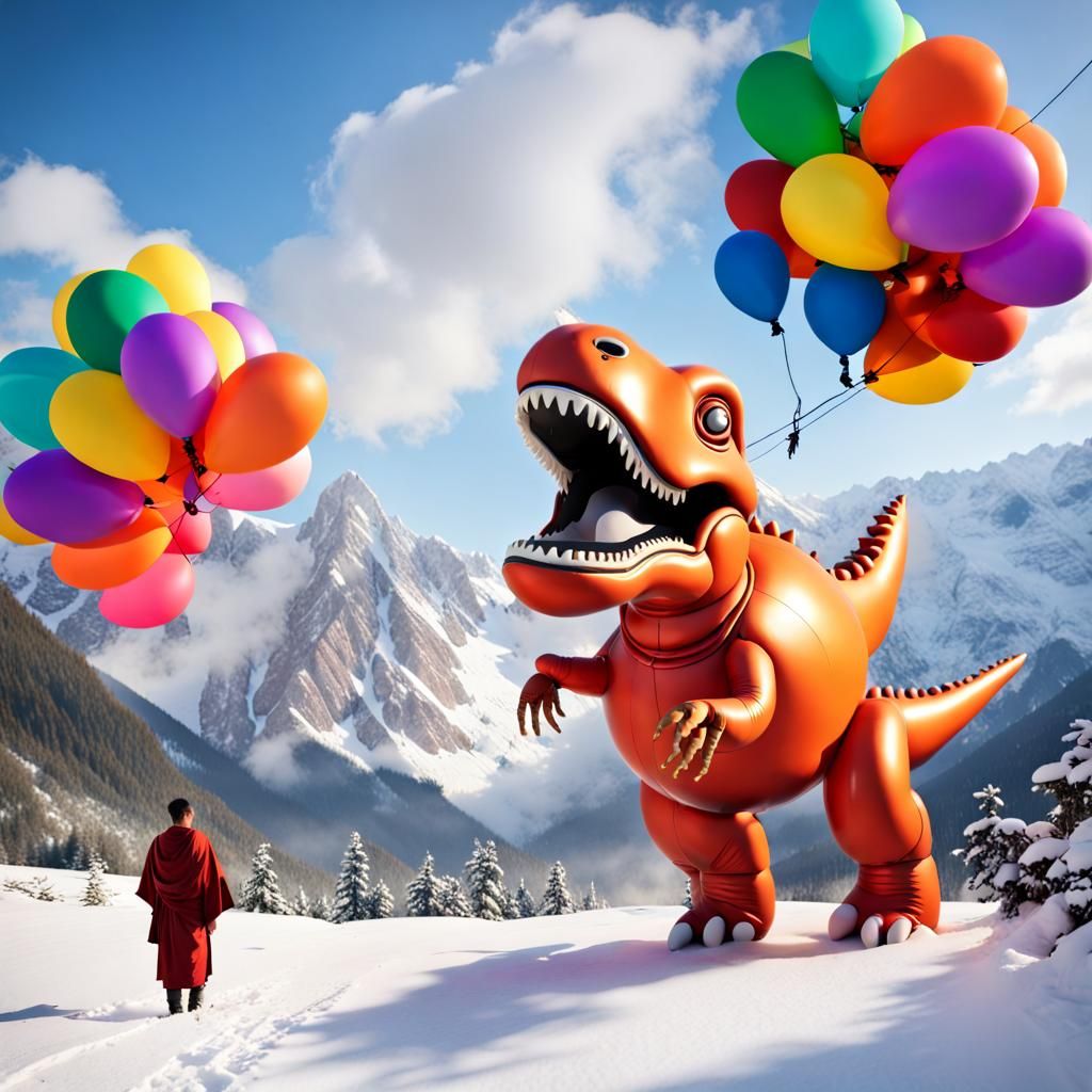 Balloon Toy Tyrannosaurus Rex in Snowy Mountains