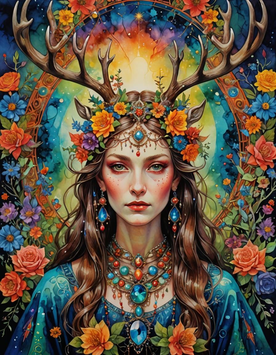 Antlered Sorceress Portrait in Psychedelic Floral Garden