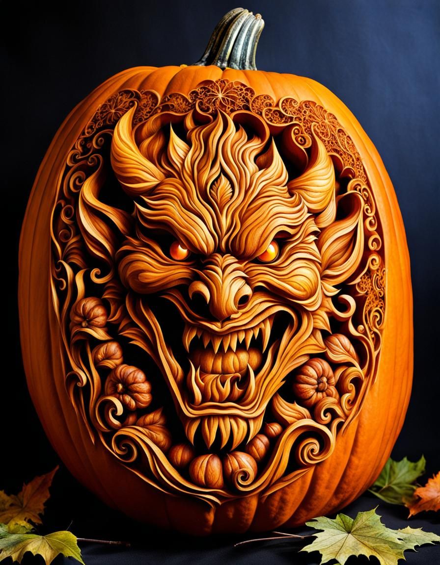 Engraved Pumpkin Demon in Spooky Forest Fairytale