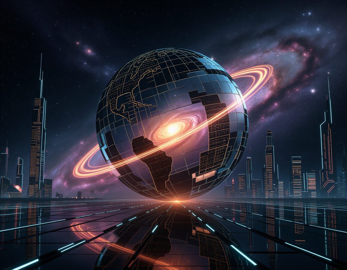 Teslapunk Architectural Sphere in Starry Cityscape