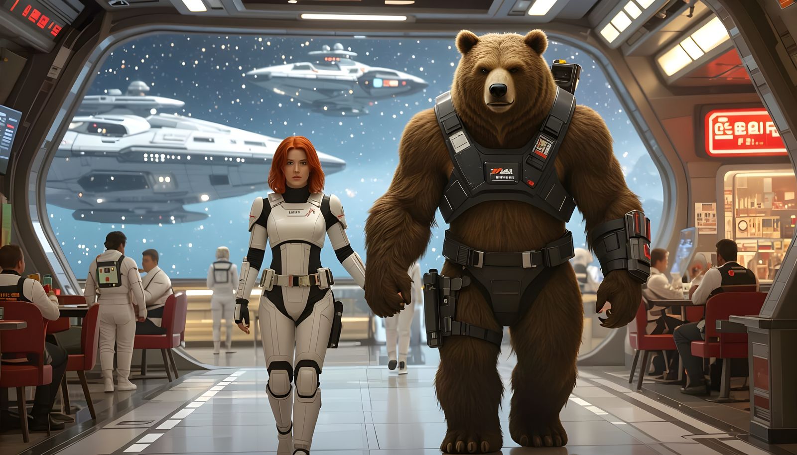 Sci-Fi Duo Explores Derfhome Station in White and Black Ship...