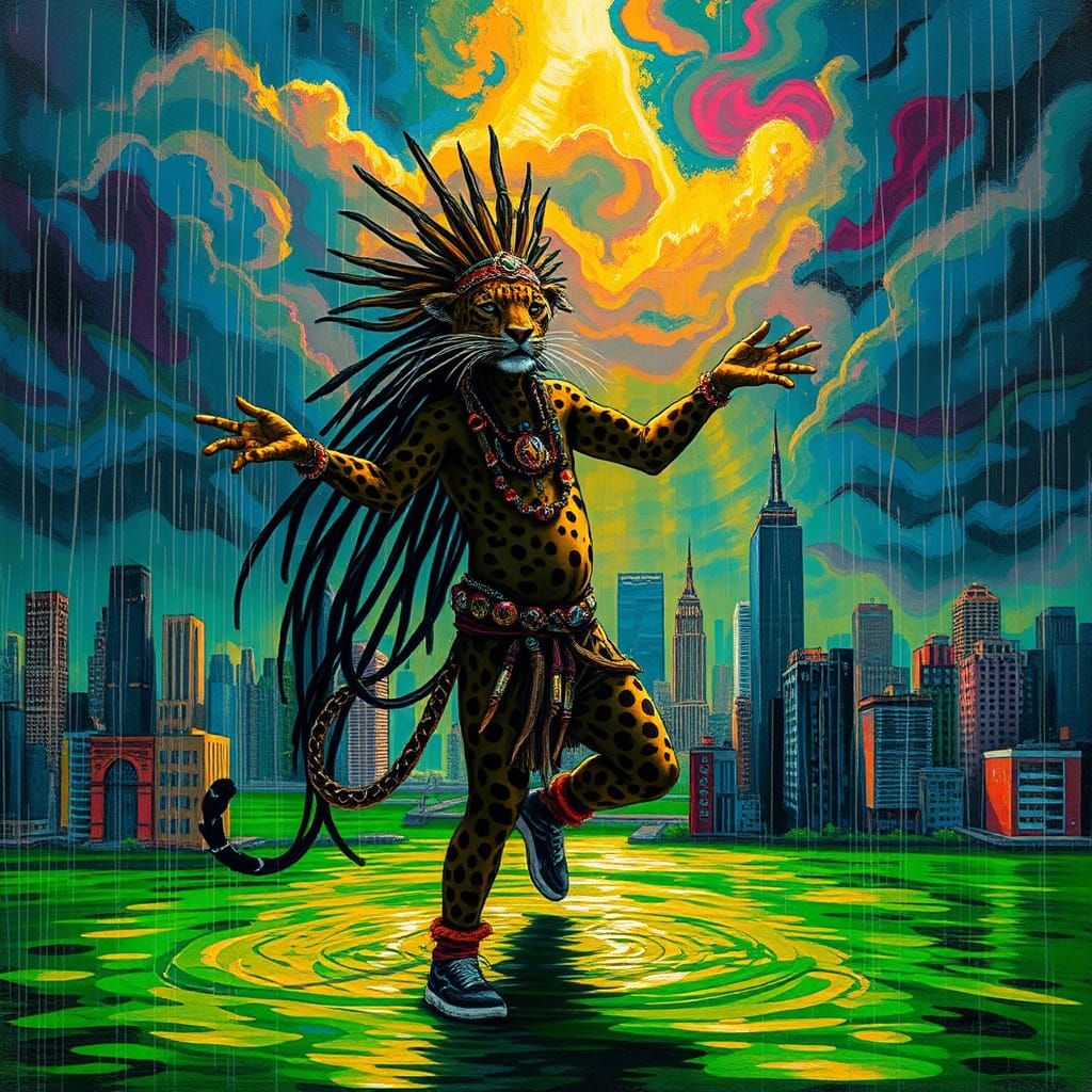 Leopard Shaman's Rainy Dance in Flooded Cityscape