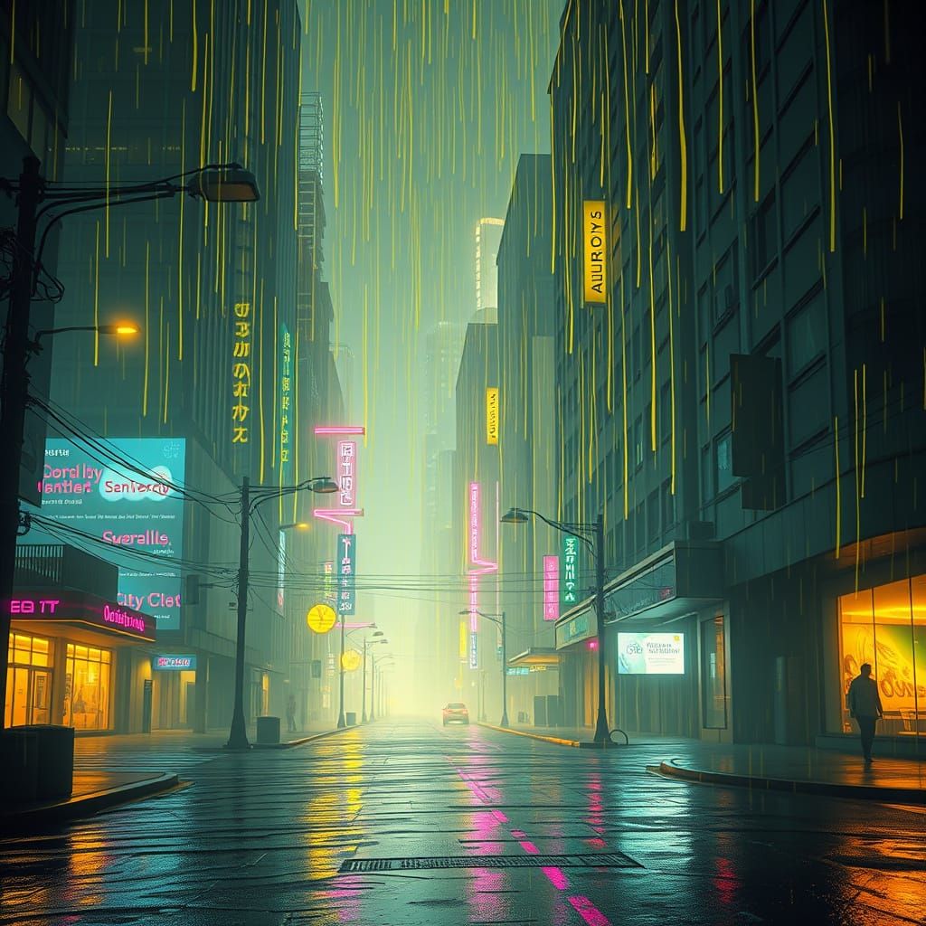 Yellow Rain Falls on Silent Futuristic City