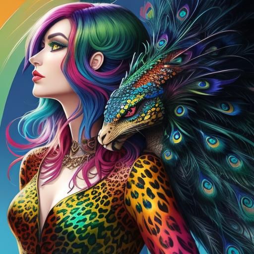 Woman with Rainbow Dragon Scales in Abstract Art
