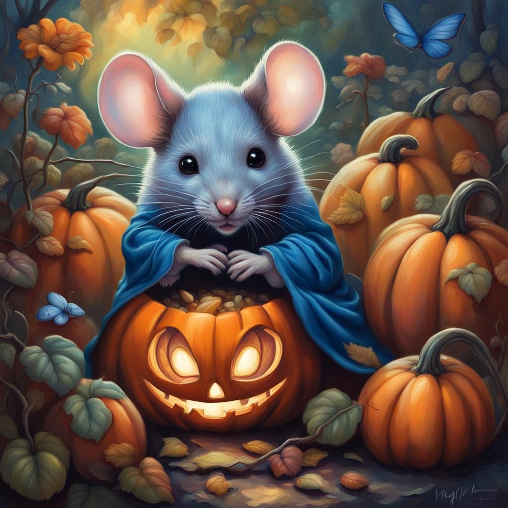 Mouse in Pumpkin Patch with Holographic Face