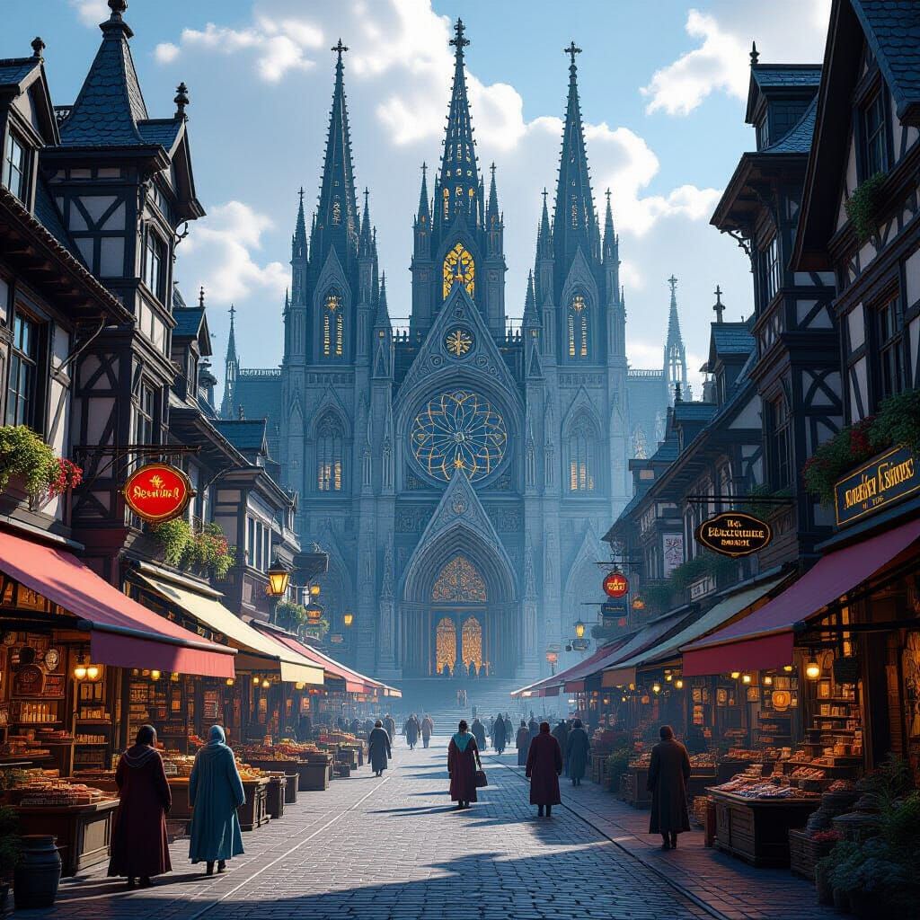 Medieval Fantasy Cityscape with Gothic and Sci-Fi Elements