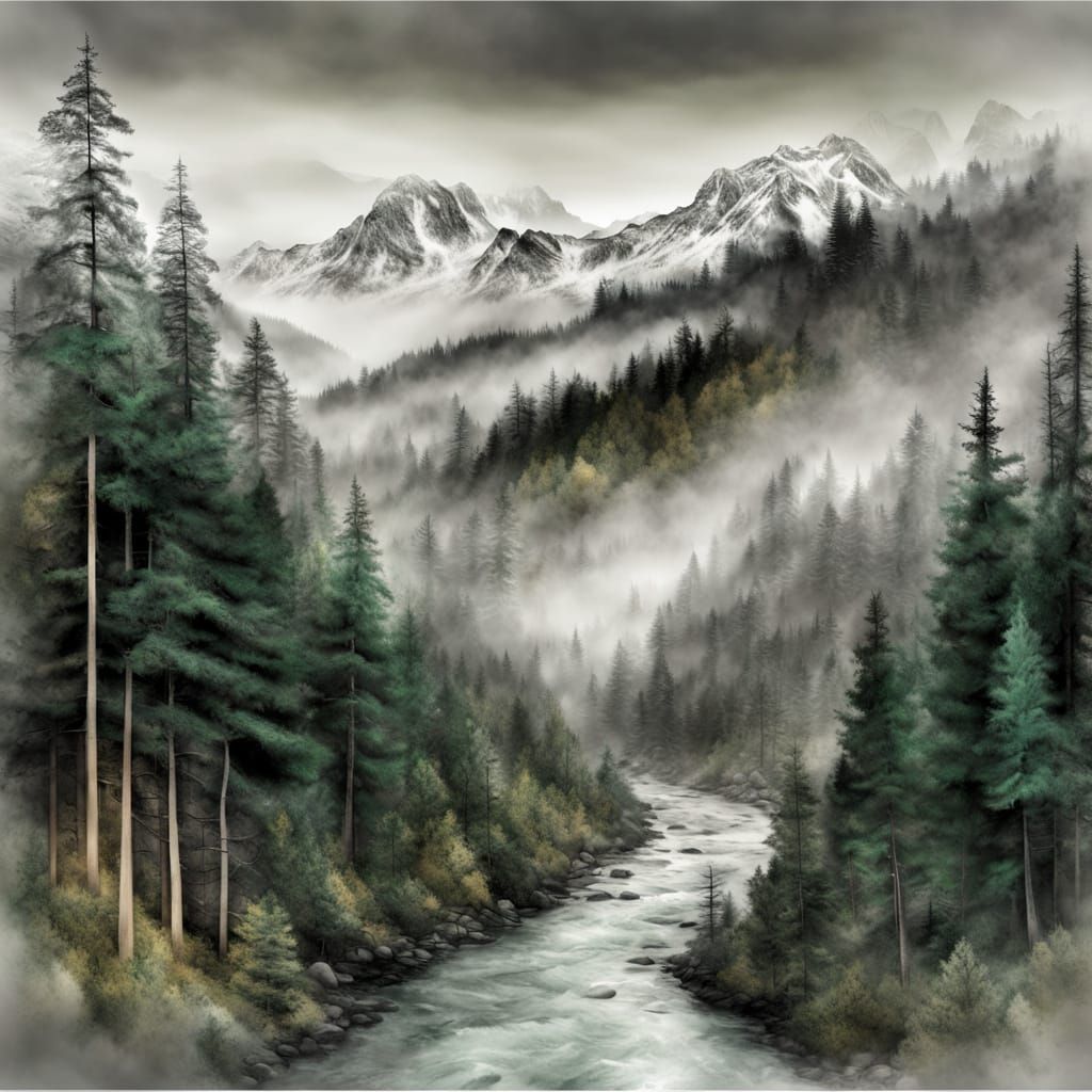 Misty Forest Stream with Grey Mountains in Hyperrealism