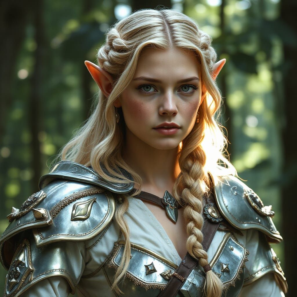 Ethereal Fantasy Elf Maiden in Silver-White Armor Against Fo...
