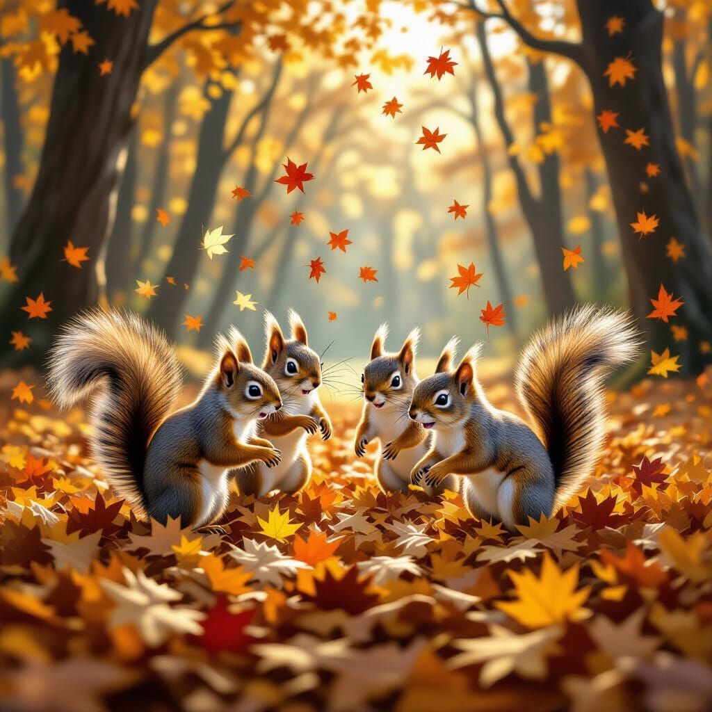 Squirrels Playfully Chase Through Autumn Forest Oil Painting