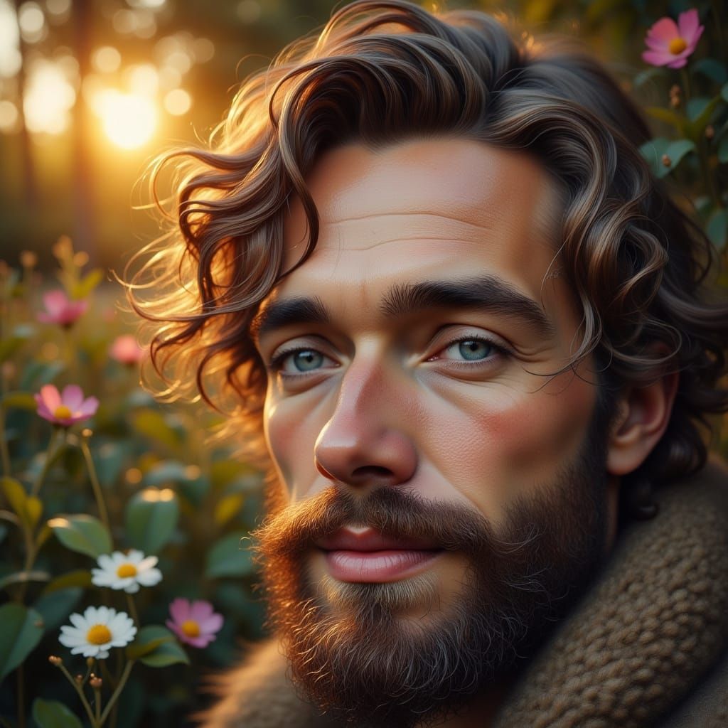 A bearded man with inviting eyes and a smiling mouth