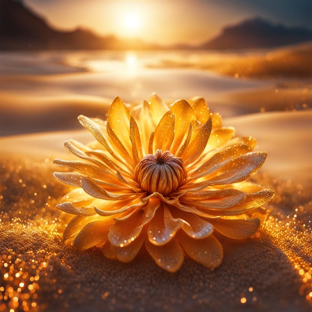 Luminous Frozen Flower in Golden Sunset: Glamorous Illustrat...