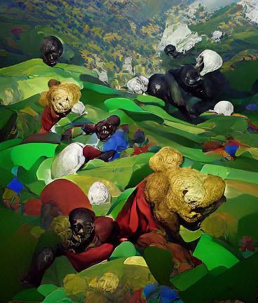 Bears in Meadow Maze: Colescott-Inspired Painting