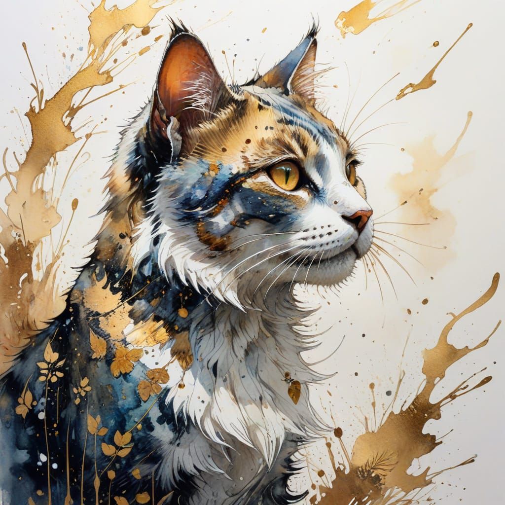 Sunset Cat in Watercolor and Japanese Ink Style