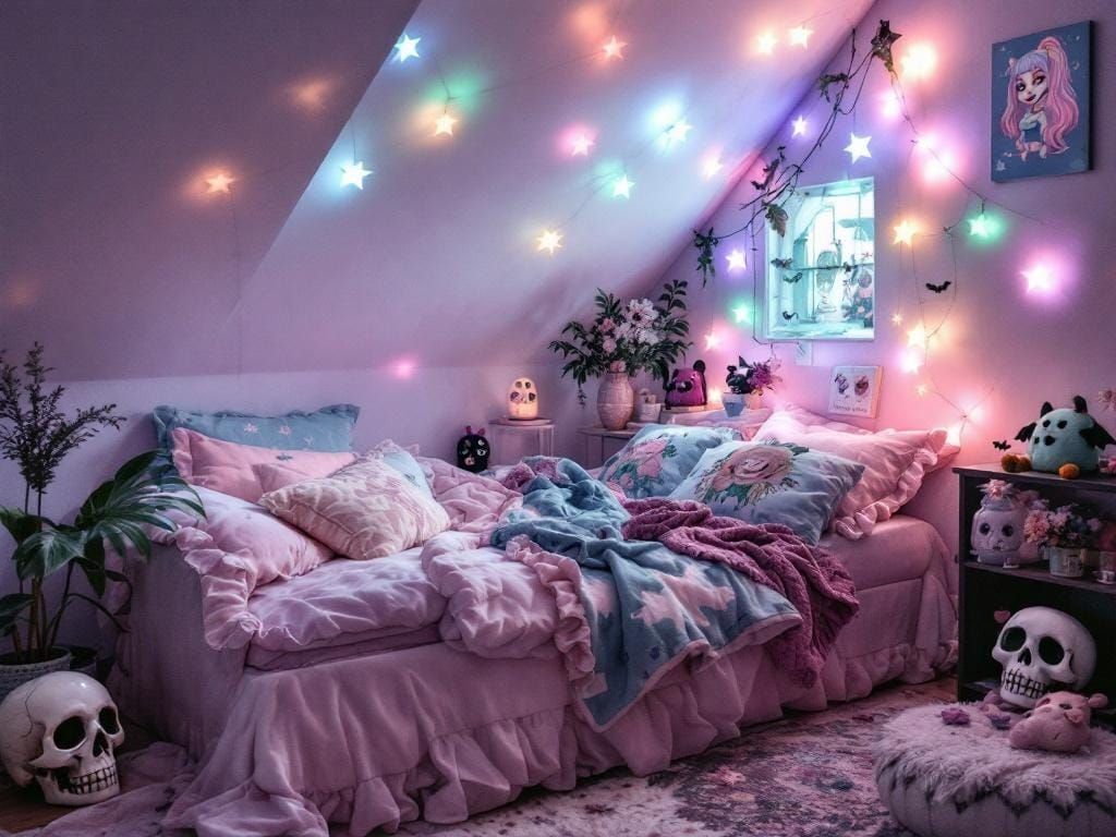Pastel Goth Bedroom with Coffin Bed and Star Lights