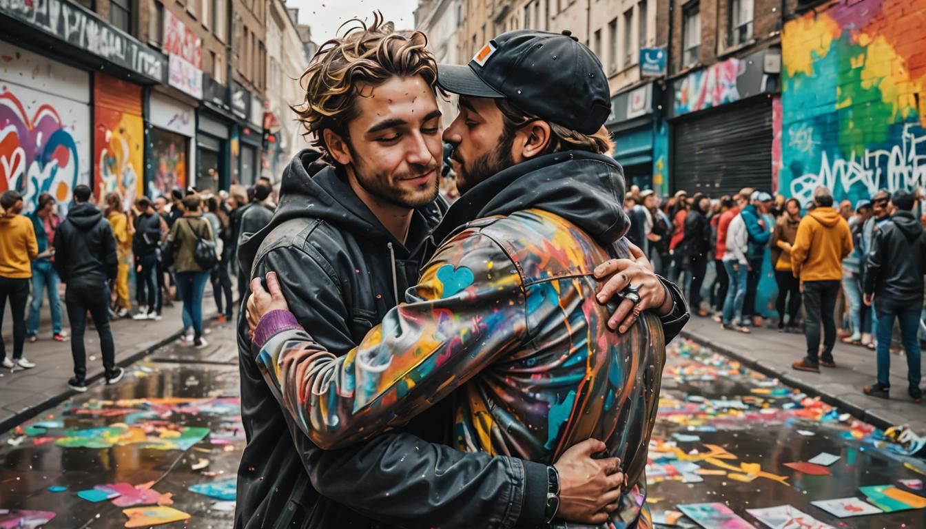 LGBTQ+ male couple hugging openly displaying love in a busy city square, colorful, heartwarming, realistic, street art s...
