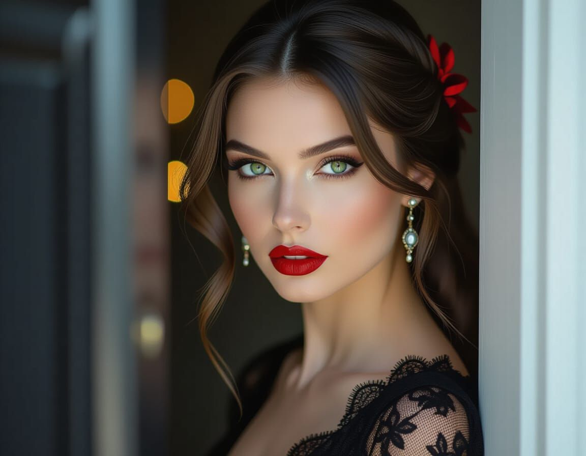 Elegant Vampire in Dark Doorway, Sharp Fangs Showing