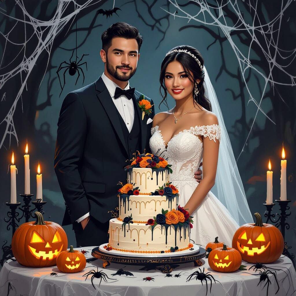 Halloween Wedding Cake with Bride and Groom