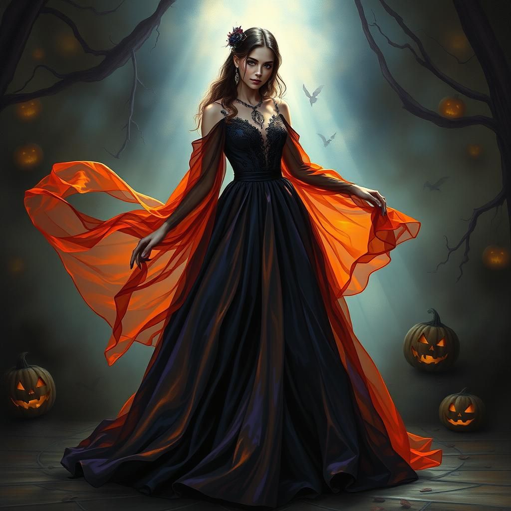 Woman in Halloween Gown, Oil Painting Style