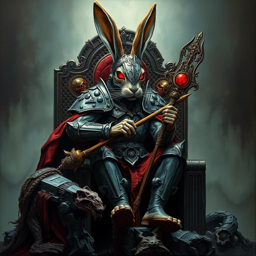 Dystopian Art Deco Rabbit Warlord on Throne