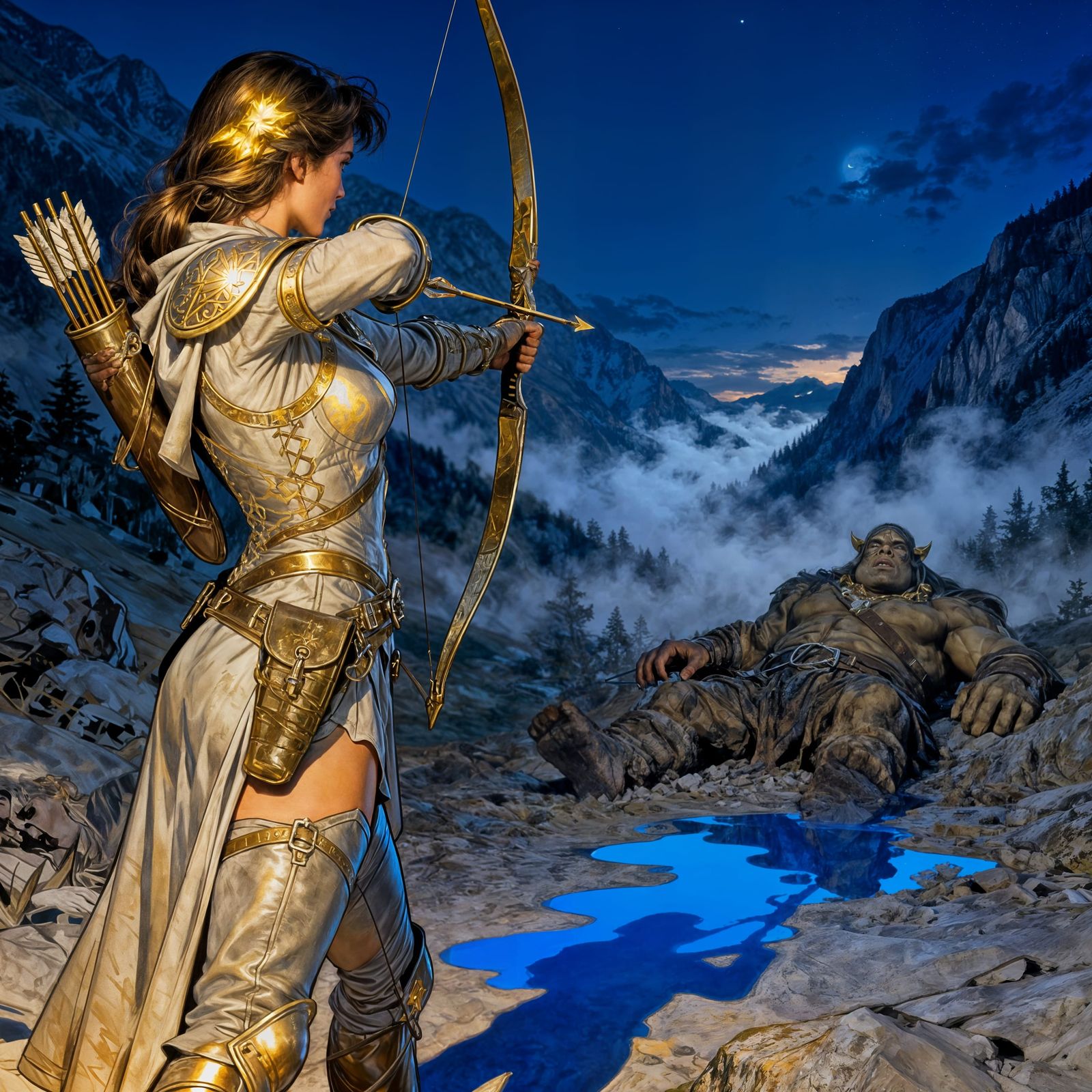 Female Rogue Aims Bow at Ogre in Mountain Valley