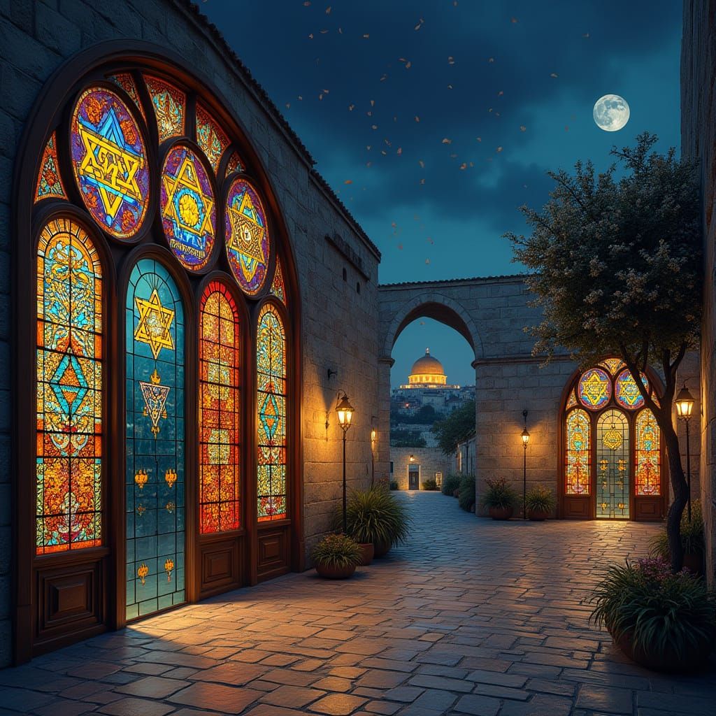 Surreal Jerusalem Scene at Night with Stained Glass Arches a...