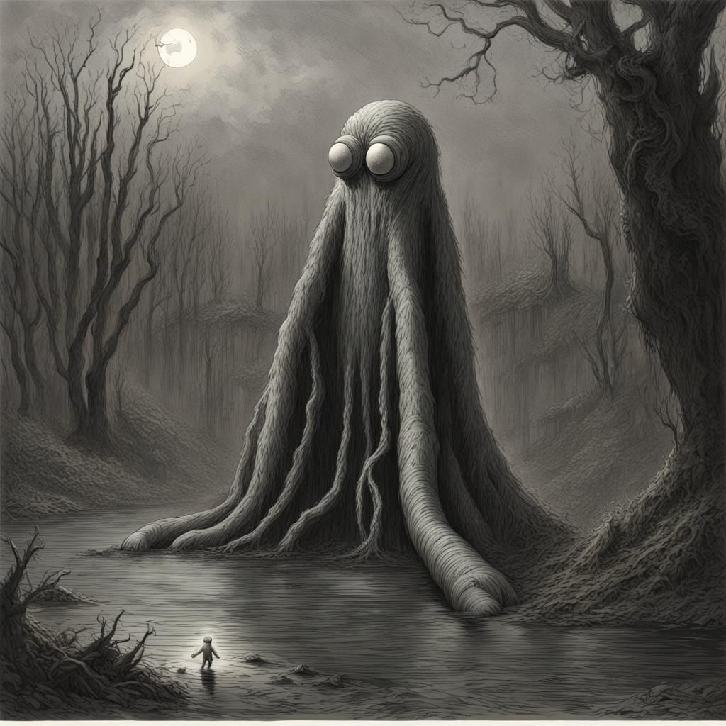 Eerie Noodle Monster Emerges: Horror Illustration