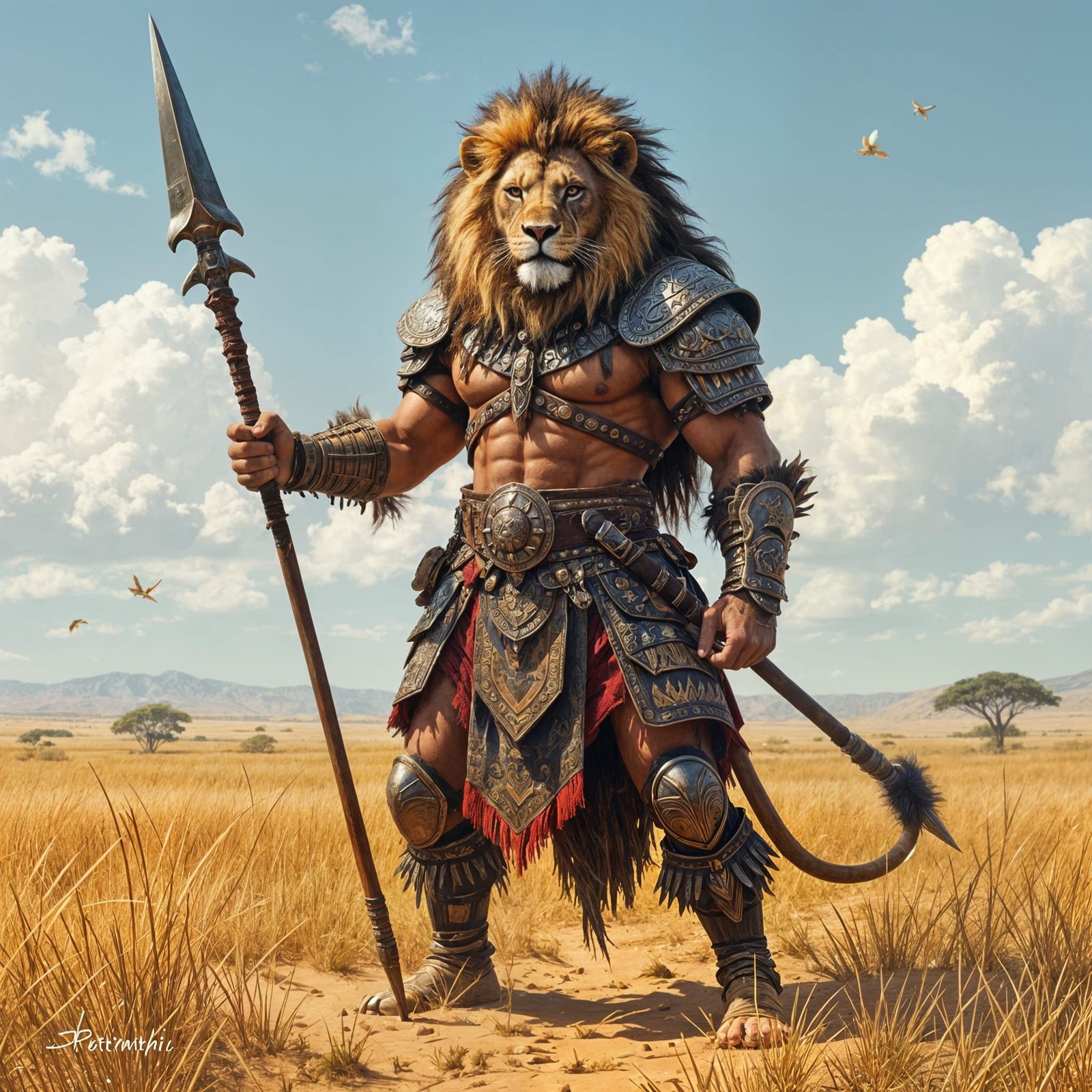 Lion Warrior with Zulu Spear on Serengeti Plains