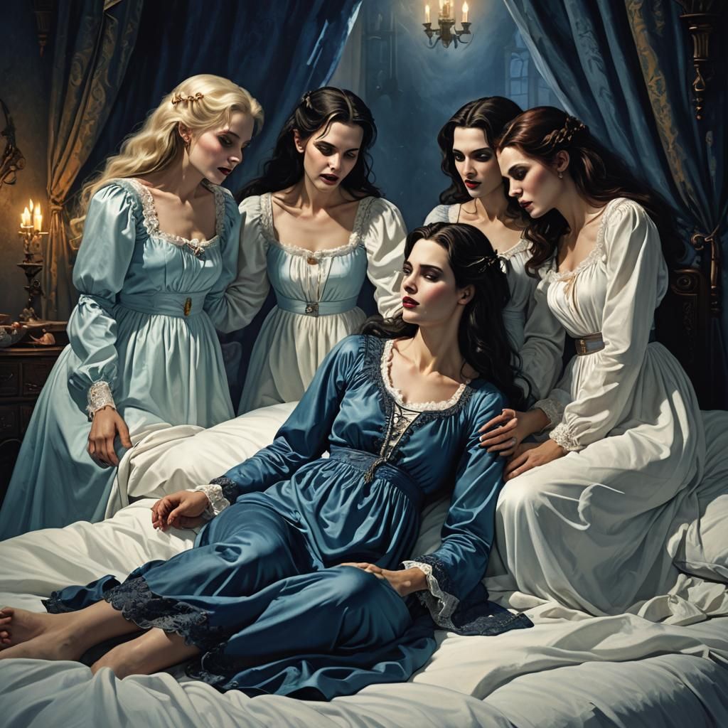 Vampires Surround Sleeping Woman: Detailed Matte Painting