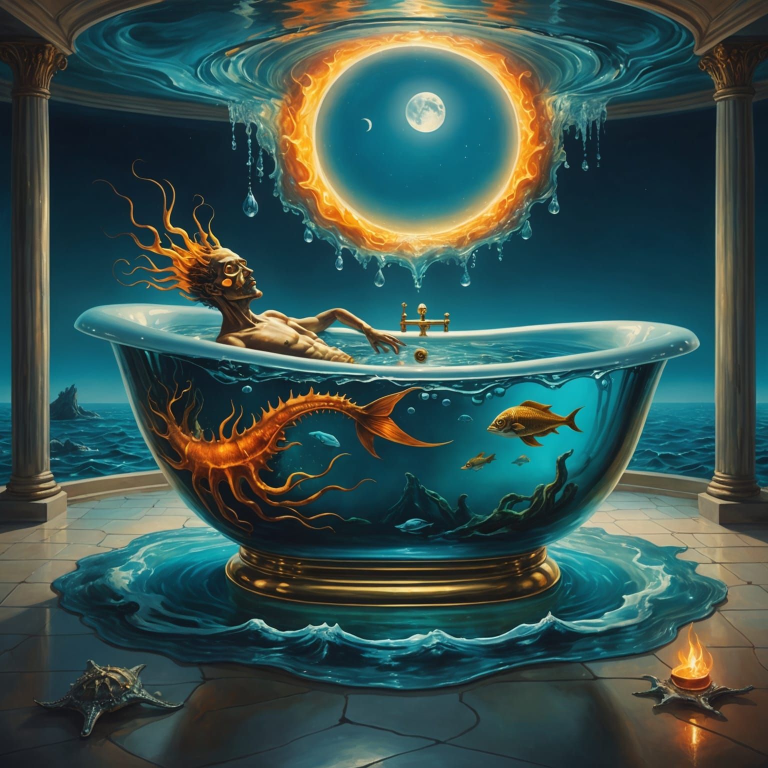Surreal Sea Creature Bathtub Under Moonlight