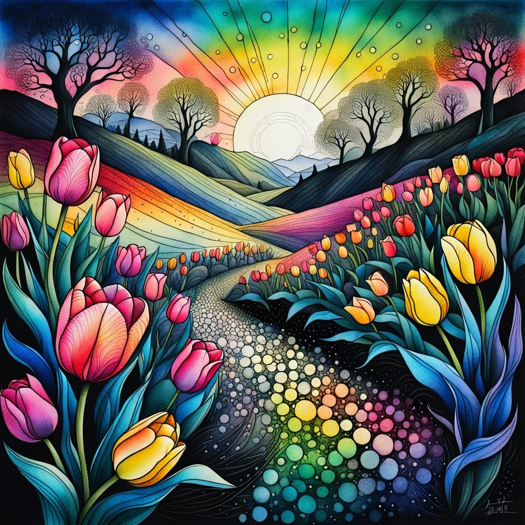 Bushes of multicolored tulips scattered across the valley, sunrise,rays) stylized transparent watercolor, black ink draw...